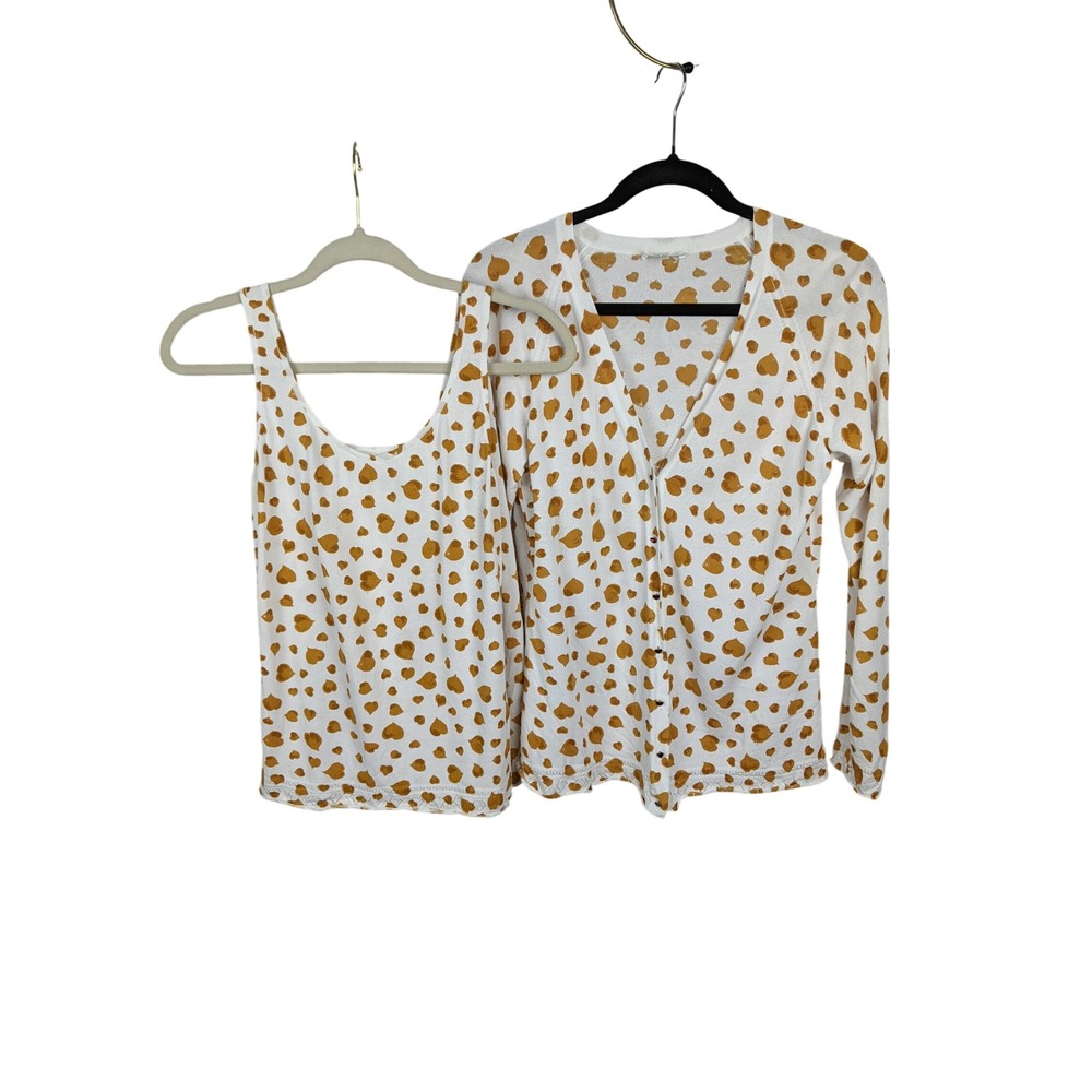 Escada Heart Print Twin Set Cardigan Tank White Mustard IT 40 Italy Pointelle